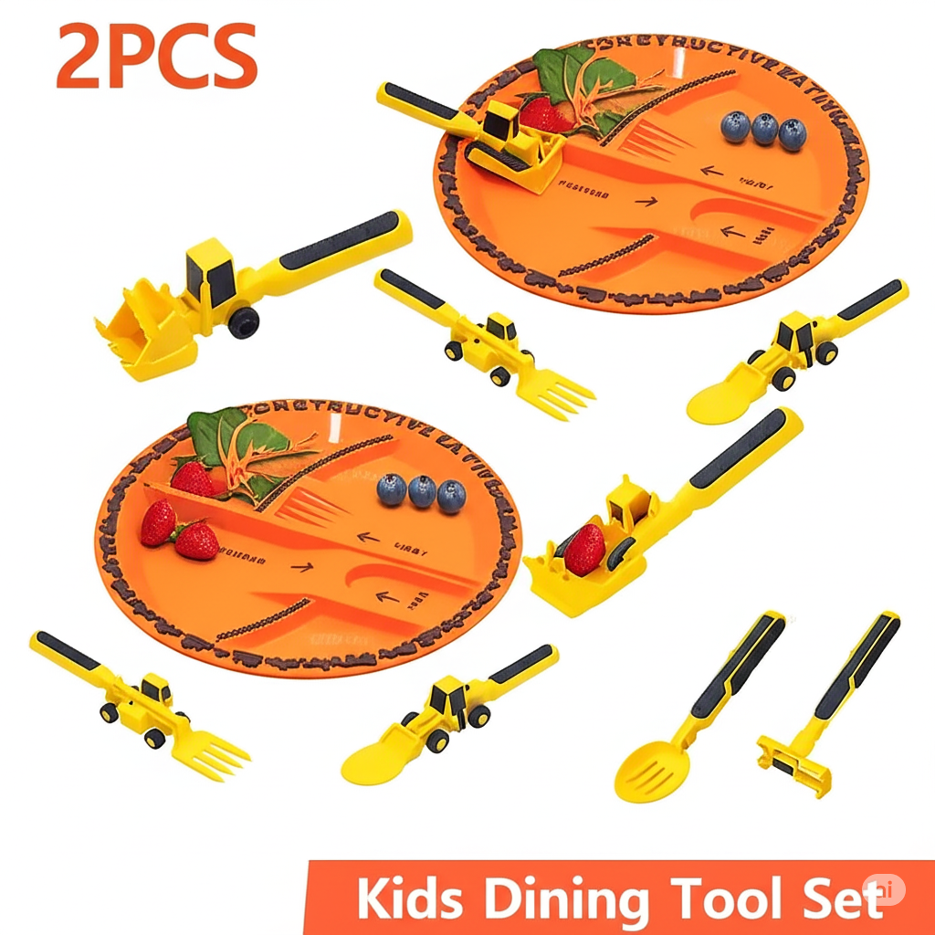 New Kids Tableware Car Bulldozer Excavator Shovel Plate Fork Spoon Dinnerware Set Children Tableware Kitchen Gadget BPA Free